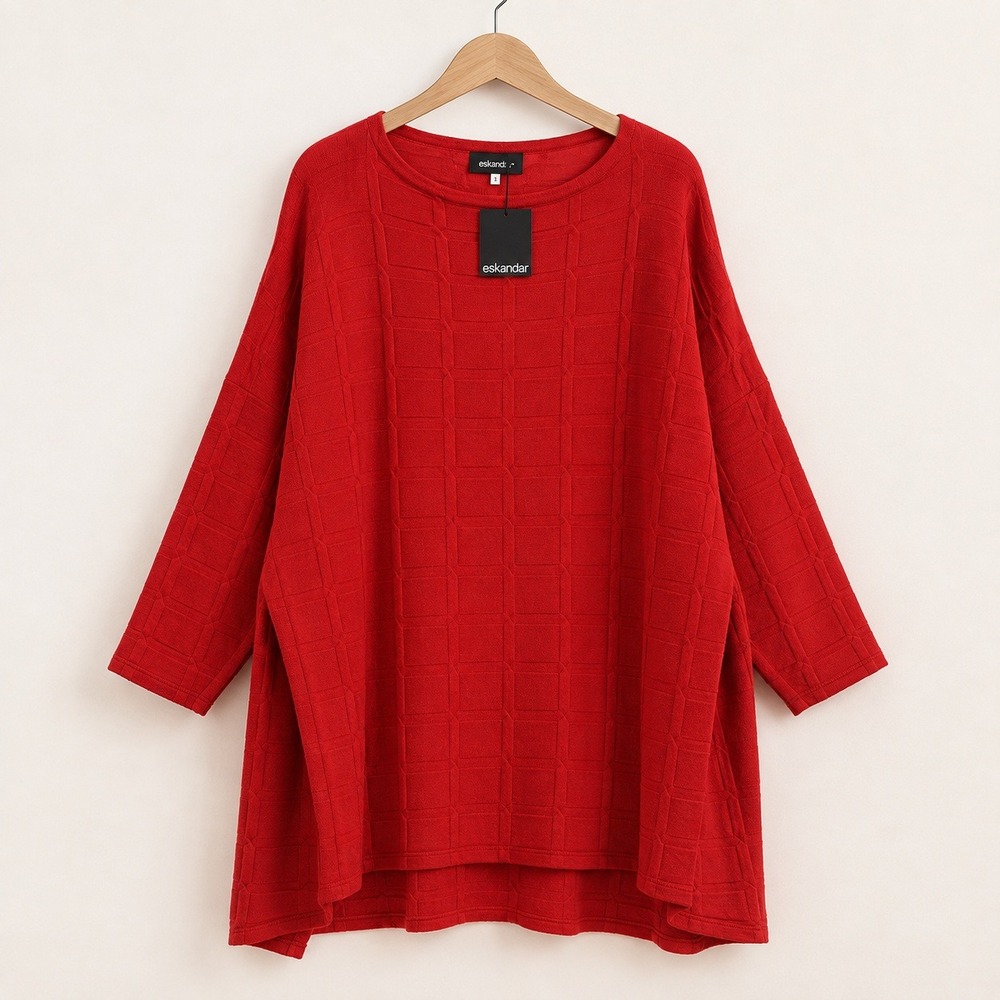 NWT eskandar Slim Sleeve Kaftan Sweater Long Plus O/S Red Silk Cashmere Textured